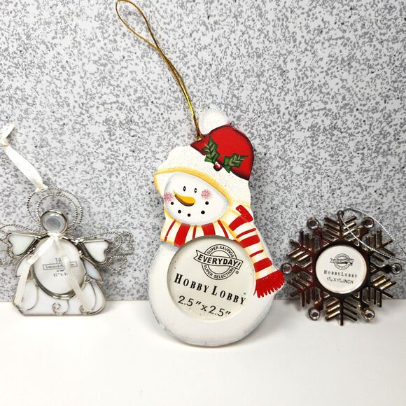 Picture Frames Christmas Ornaments 3 Hanging Angel Snowflake Snowman - Picture 1 of 6